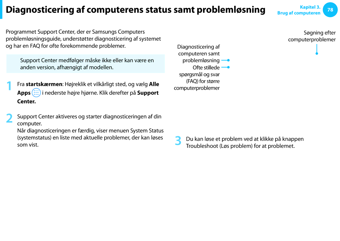 Samsung NP730U3E-S02SE, XE500T1C-A01AE manual Center, Diagnosticering af, Troubleshoot Løs problem for at problemet 