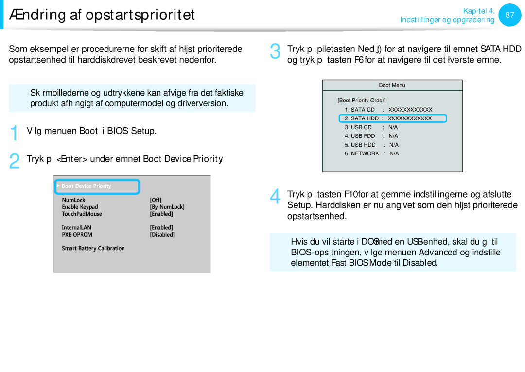 Samsung NP350V5C-S01SE, XE500T1C-A01AE, NP530U3C-A0DSE manual Ændring af opstartsprioritet, Vælg menuen Boot i Bios Setup 