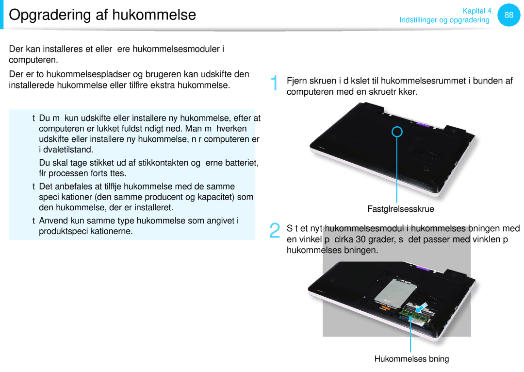 Samsung NP900X3E-A02SE, XE500T1C-A01AE manual Opgradering af hukommelse, Tilføjelse eller udskiftning af hukommelsesmoduler 