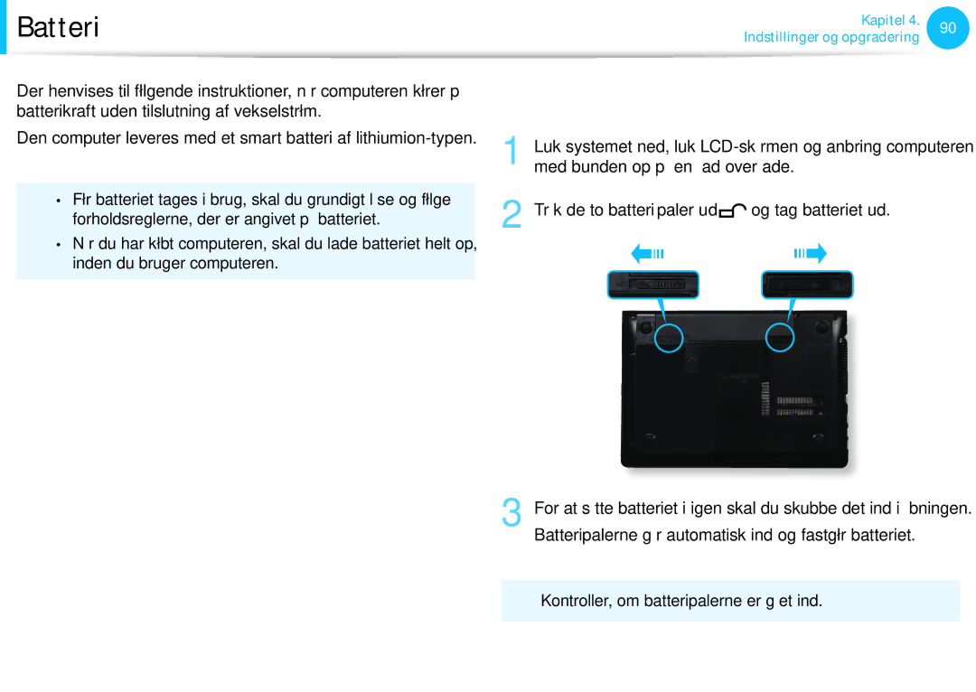 Samsung XE500T1C-A01AE, NP530U3C-A0DSE, NP530U3C-A0HSE, NP535U3C-A01SE Batteri, Installation eller fjernelse af batteriet 