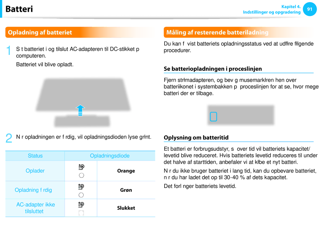 Samsung NP530U3C-A0DSE Opladning af batteriet, Måling af resterende batteriladning, Se batteriopladningen i proceslinjen 