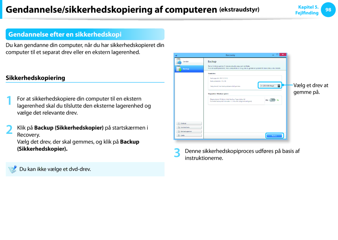 Samsung NP355E7C-S03SE manual Gendannelse efter en sikkerhedskopi, Sikkerhedskopiering, Vælge det relevante drev, Recovery 