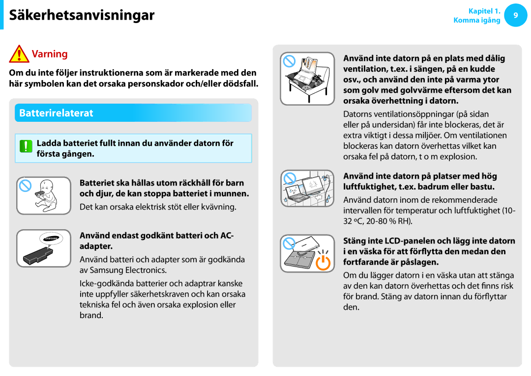 Samsung NP900X4D-A06SE, XE500T1C-A01AE, NP530U3C-A0DSE manual Batterirelaterat, Det kan orsaka elektrisk stöt eller kvävning 