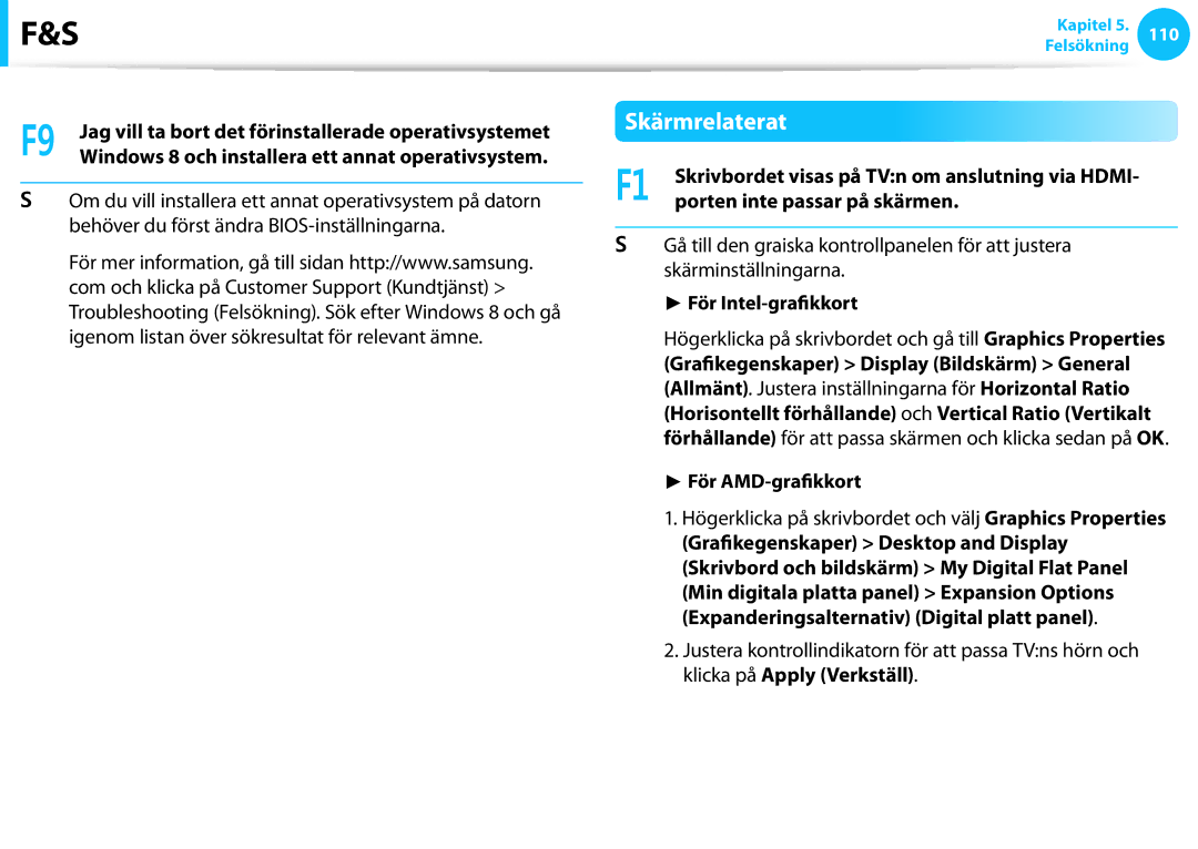 Samsung NP700Z5C-S03SE manual Skärmrelaterat, Porten inte passar på skärmen, För Intel-grafikkort, För AMD-grafikkort 