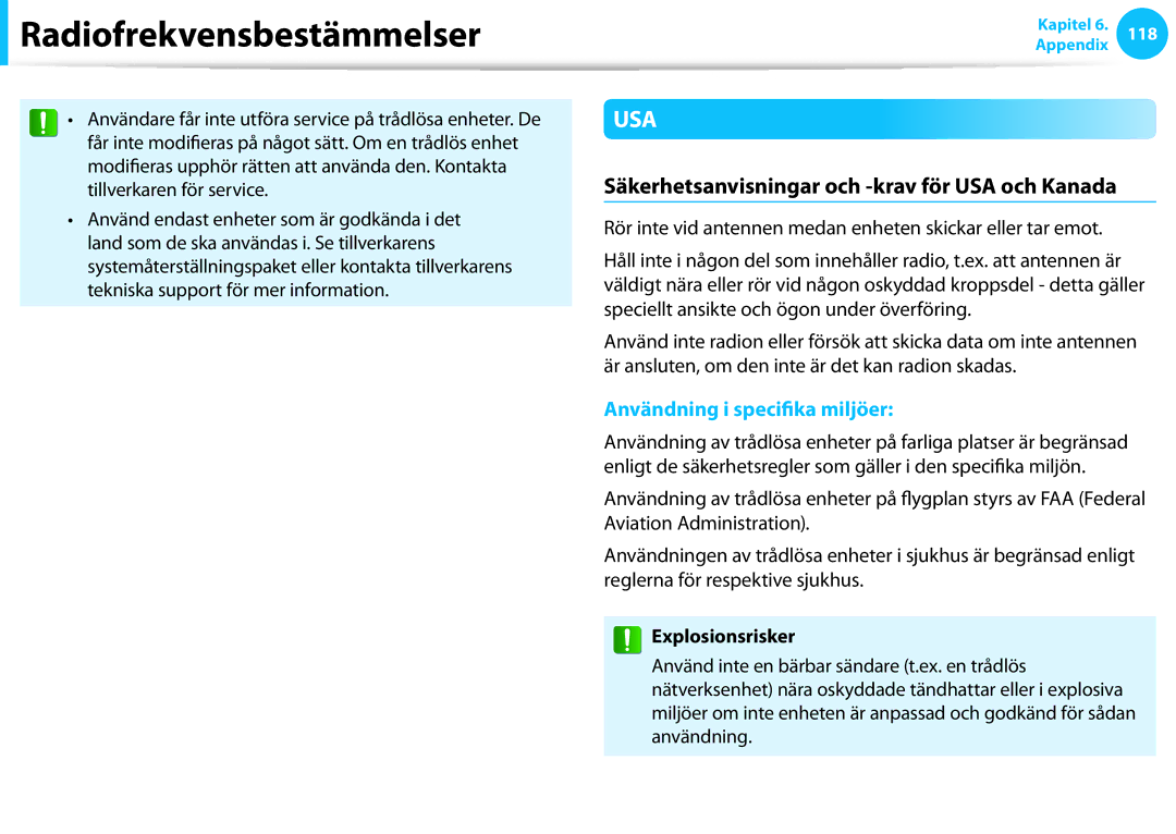 Samsung NP700Z3A-B01SE, XE500T1C-A01AE, NP530U3C-A0DSE Säkerhetsanvisningar och -krav för USA och Kanada, Explosionsrisker 