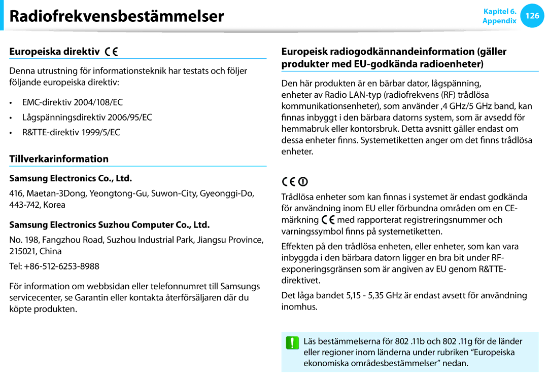 Samsung NP700G7C-S01SE, XE500T1C-A01AE, NP530U3C-A0DSE, NP530U3C-A0HSE manual Europeiska direktiv, Tillverkarinformation 