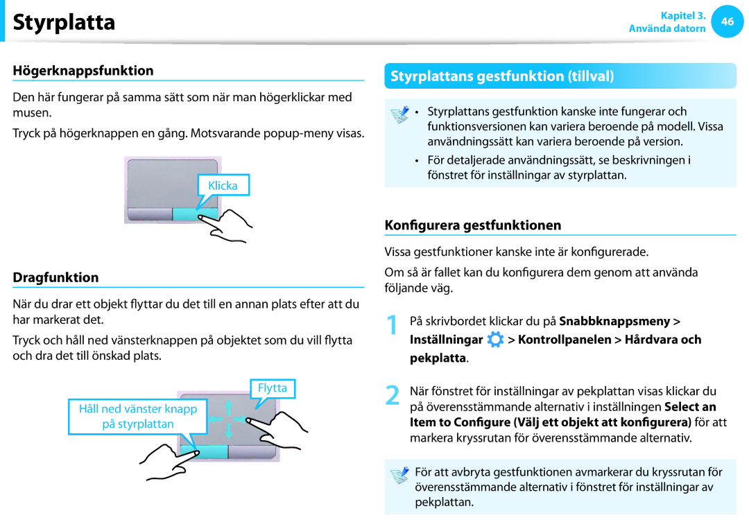 Samsung NP900X3C-A01SE Styrplattans gestfunktion tillval, Högerknappsfunktion, Dragfunktion, Konfigurera gestfunktionen 