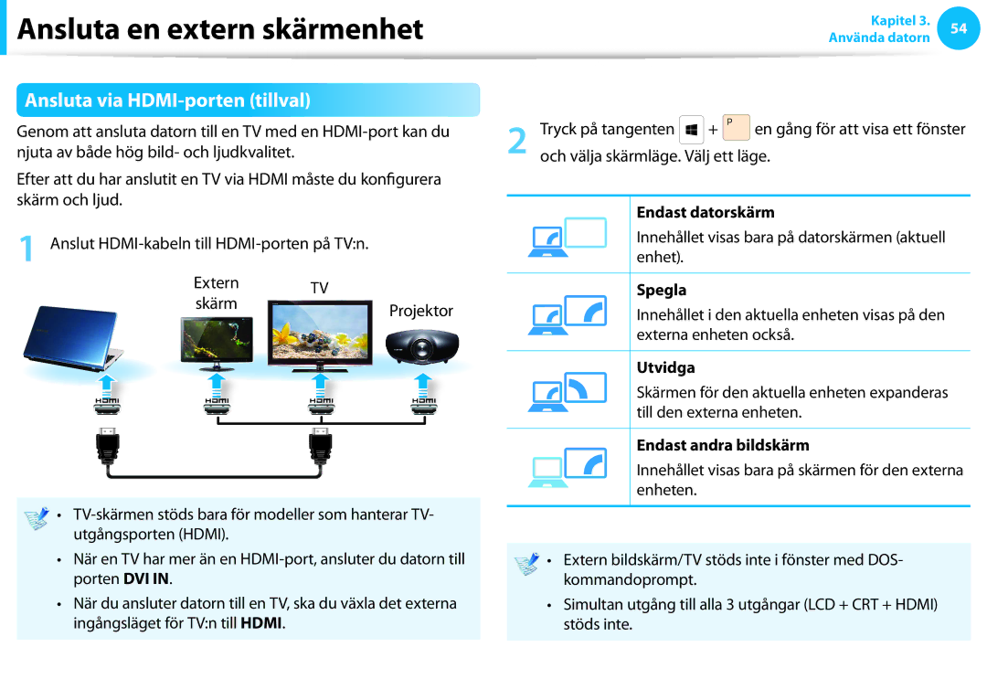 Samsung NP700Z5C-S01SE, XE500T1C-A01AE, NP530U3C-A0DSE, NP530U3C-A0HSE, NP535U3C-A01SE manual Ansluta via HDMI-porten tillval 