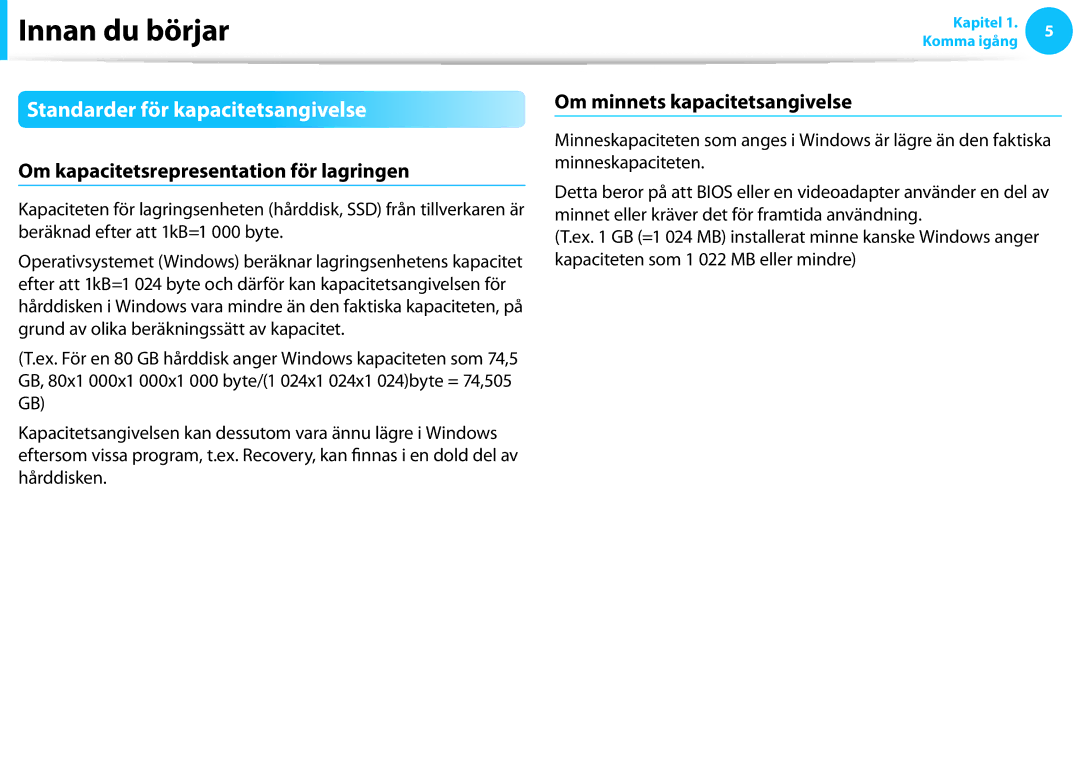 Samsung XE700T1C-G01SE, XE500T1C-A01AE manual Standarder för kapacitetsangivelse, Om kapacitetsrepresentation för lagringen 