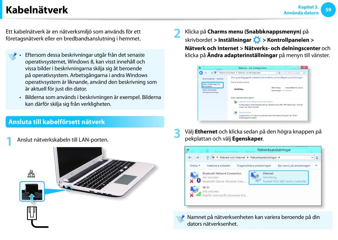 Samsung NP530U3B-A02SE manual Kabelnätverk, Ansluta till kabelförsett nätverk, Anslut nätverkskabeln till LAN-porten 