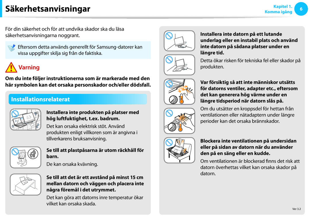 Samsung NP530U3B-A01SE Säkerhetsanvisningar, Installationsrelaterat, Se till att plastpåsarna är utom räckhåll för barn 