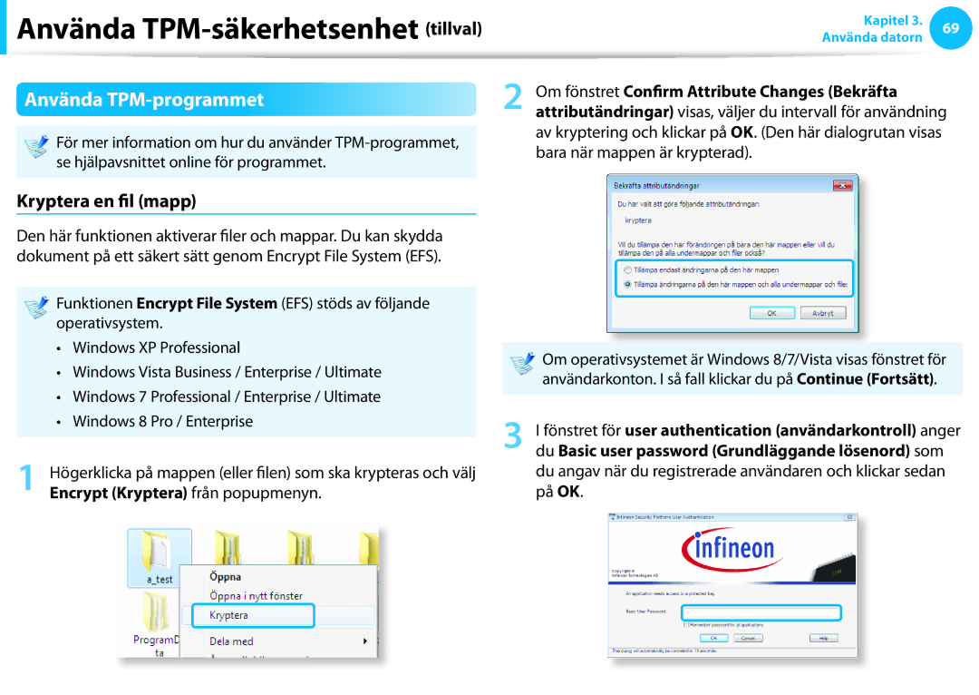 Samsung NP535U3C-K01SE manual Använda TPM-programmet, Kryptera en fil mapp, Om fönstret Confirm Attribute Changes Bekräfta 