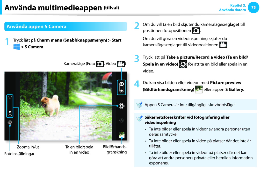 Samsung NP900X4C-K03SE, XE500T1C-A01AE manual Använda appen S Camera, Tryck lätt på Take a picture/Record a video Ta en bild 