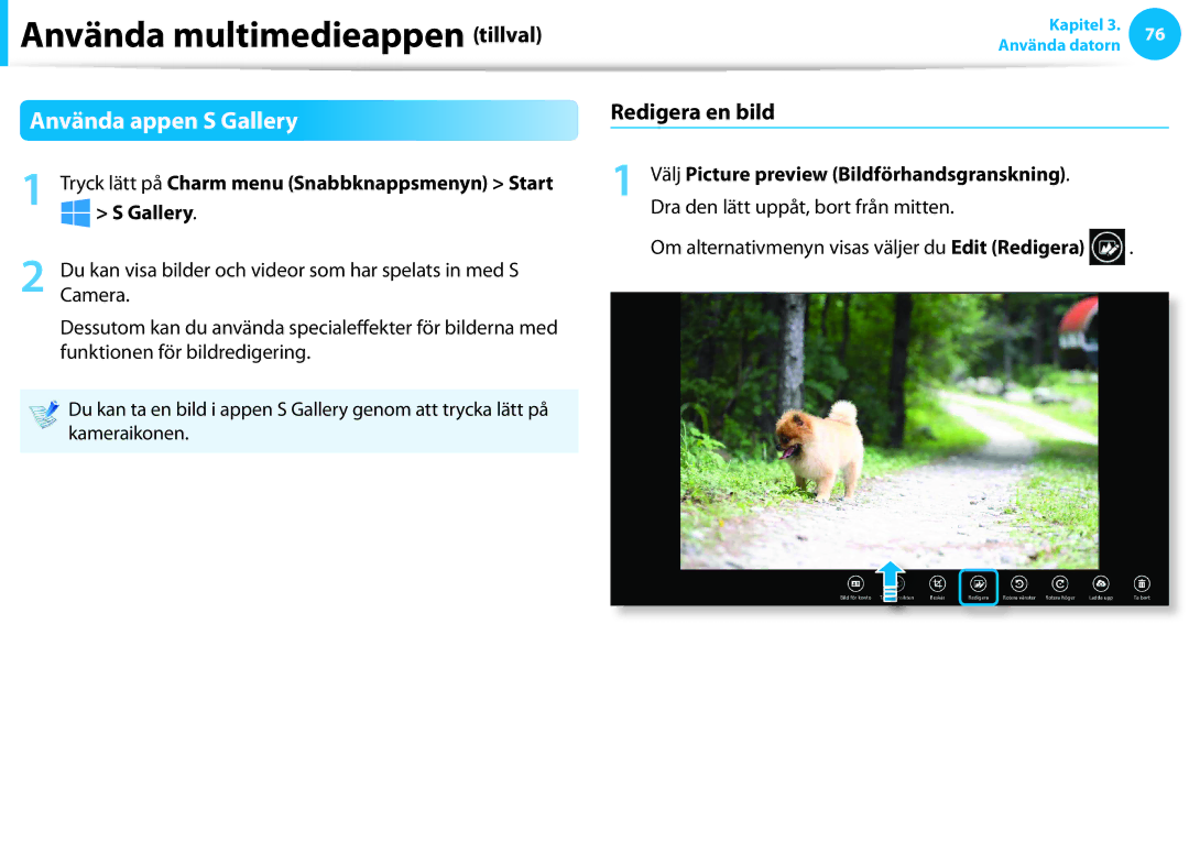 Samsung NP530U3C-A01SE, XE500T1C-A01AE, NP530U3C-A0DSE, NP530U3C-A0HSE manual Använda appen S Gallery, Redigera en bild 