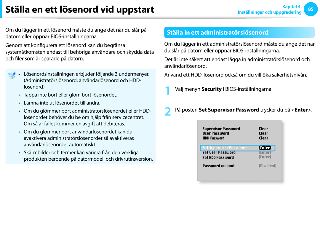 Samsung NP700Z3A-S03SE, XE500T1C-A01AE manual Ställa en ett lösenord vid uppstart, Ställa in ett administratörslösenord 