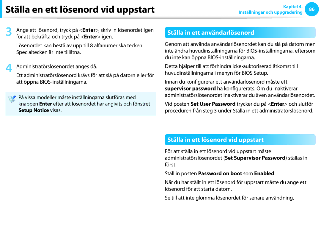 Samsung NP540U3C-A01SE, XE500T1C-A01AE, NP530U3C-A0DSE Ställa in ett användarlösenord, Ställa in ett lösenord vid uppstart 