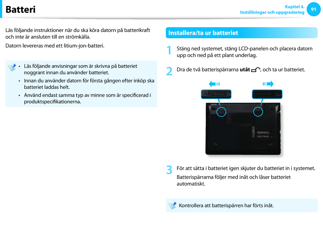 Samsung NP530U3C-A0DSE manual Installera/ta ur batteriet, Batterispärrarna följer med inåt och låser batteriet 