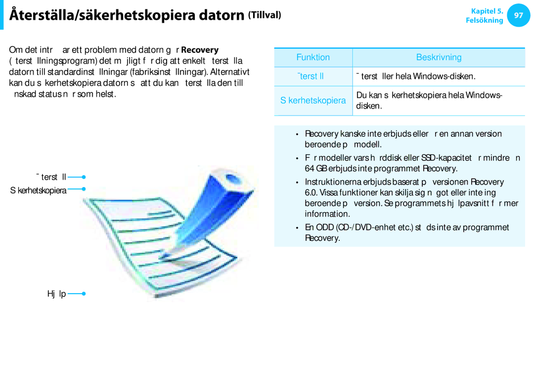 Samsung NP530U3B-A01SE Återställa/säkerhetskopiera datorn Tillval, En introduktion till Recovery, Funktion Beskrivning 