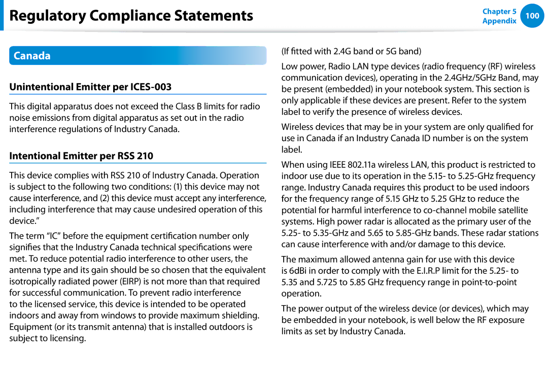 Samsung XE500T1C-K01US manual Canada, Unintentional Emitter per ICES-003, Intentional Emitter per RSS 