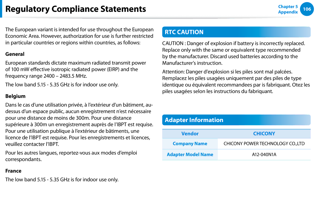 Samsung XE500T1C-K01US manual Adapter Information, Belgium, France 