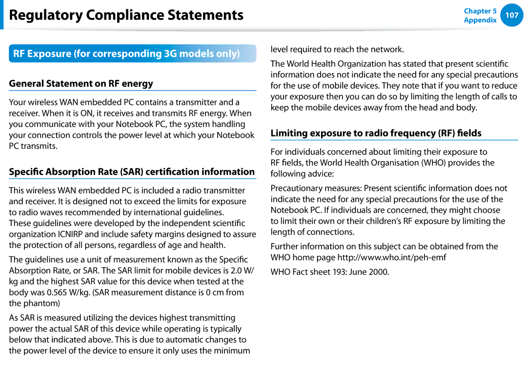 Samsung XE500T1C-K01US manual RF Exposure for corresponding 3G models only, General Statement on RF energy 