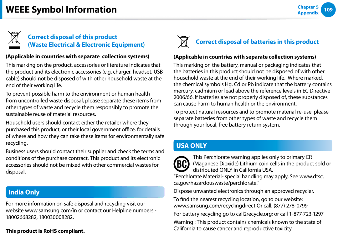 Samsung XE500T1C-K01US manual Weee Symbol Information, India Only, Applicable in countries with separate collection systems 