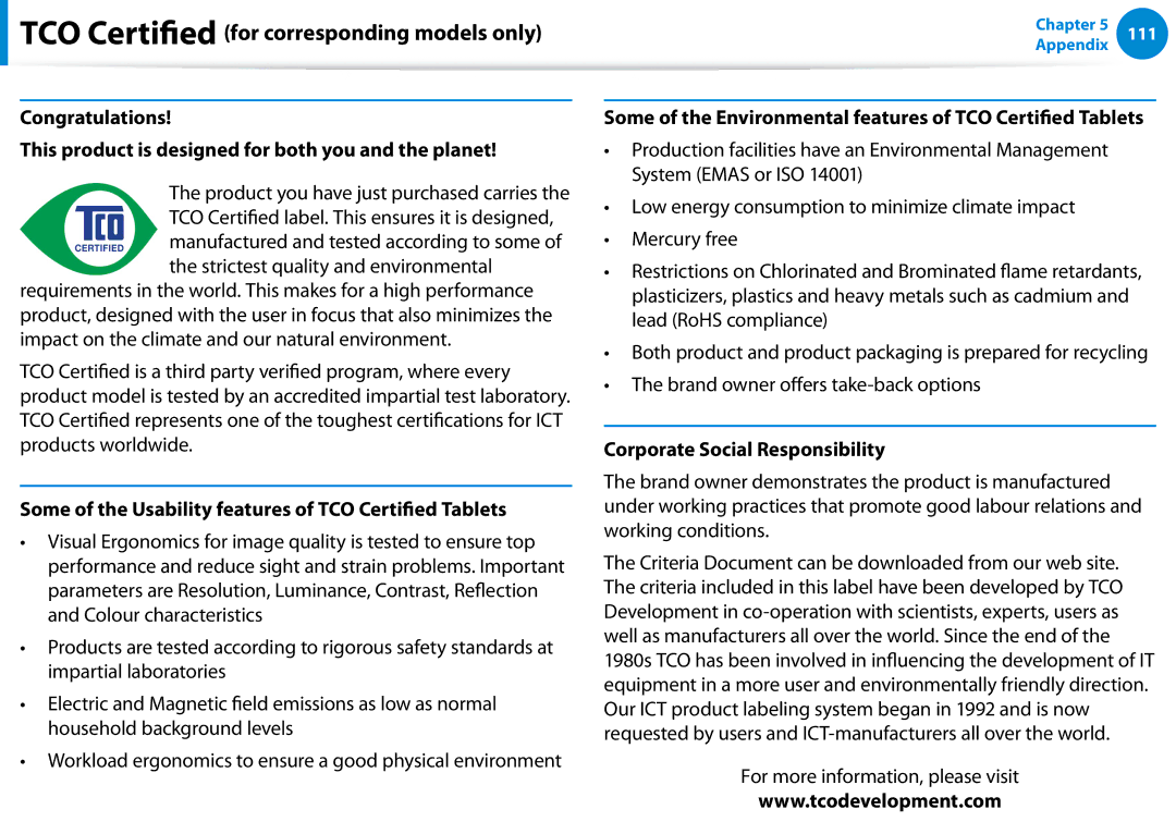 Samsung XE500T1C-K01US manual TCO Certified for corresponding models only, Corporate Social Responsibility 