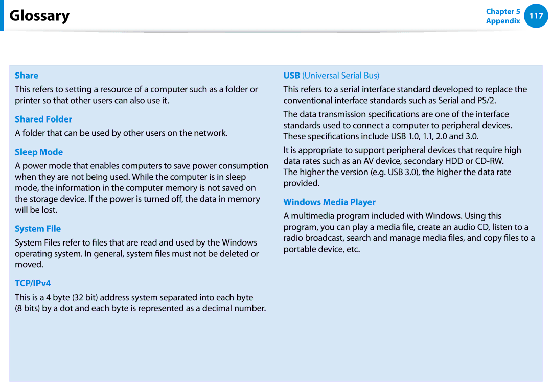 Samsung XE500T1C-K01US manual Shared Folder, Sleep Mode, System File, TCP/IPv4, Windows Media Player 