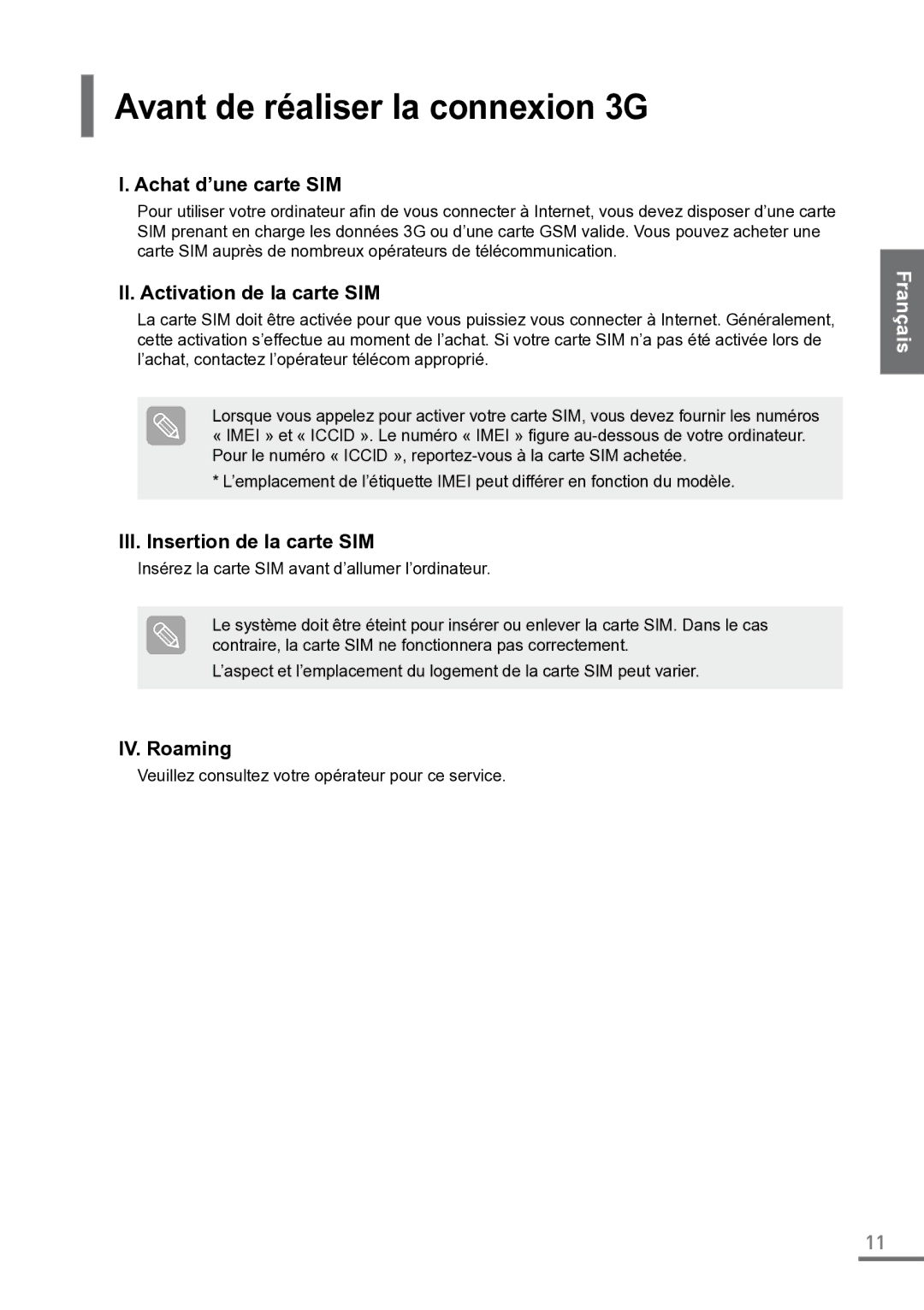 Samsung XE550C22-H01UK manual Avant de réaliser la connexion 3G, Achat d’une carte SIM, II. Activation de la carte SIM 