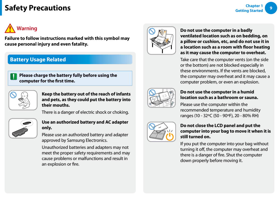 Samsung XE700T1C-A01US manual Battery Usage Related, There is a danger of electric shock or choking 