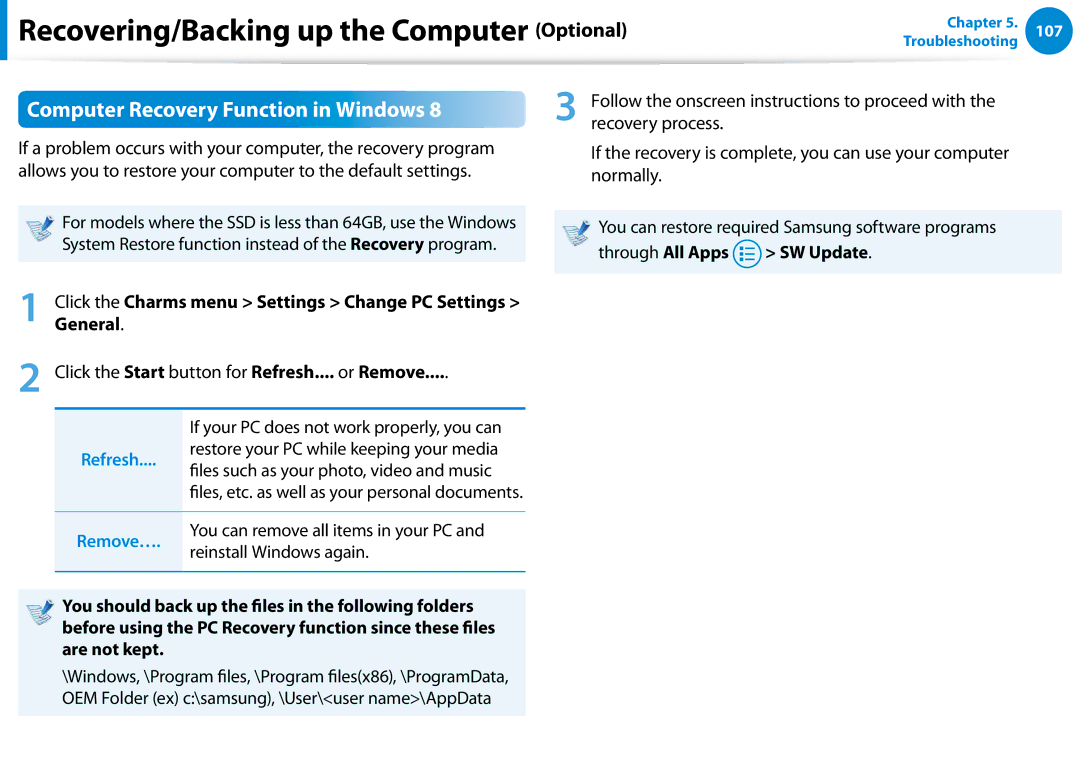 Samsung XE700T1C-A01US Computer Recovery Function in Windows, Recovery process, Files such as your photo, video and music 