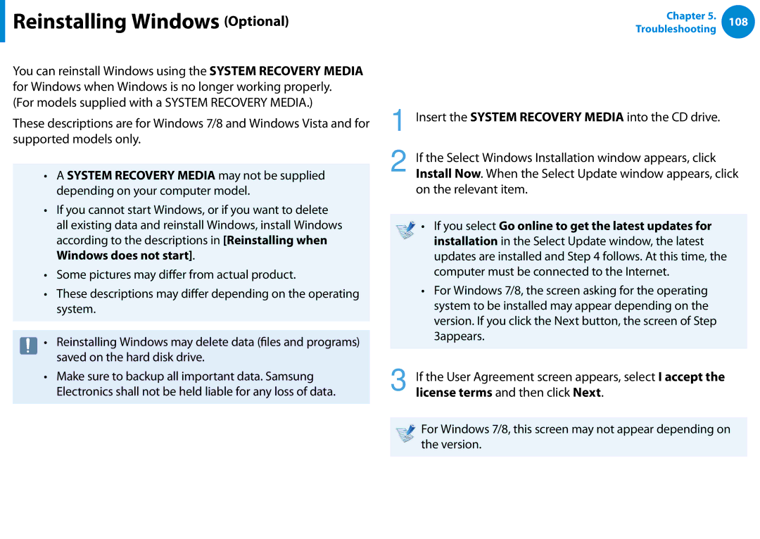 Samsung XE700T1C-A01US manual Reinstalling Windows Optional, Reinstalling in Windows 