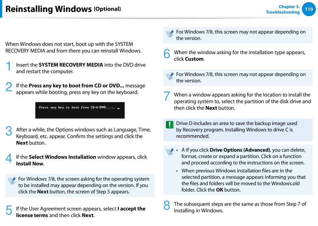 Samsung XE700T1C-A01US manual Reinstalling when Windows does not start, Install Now 