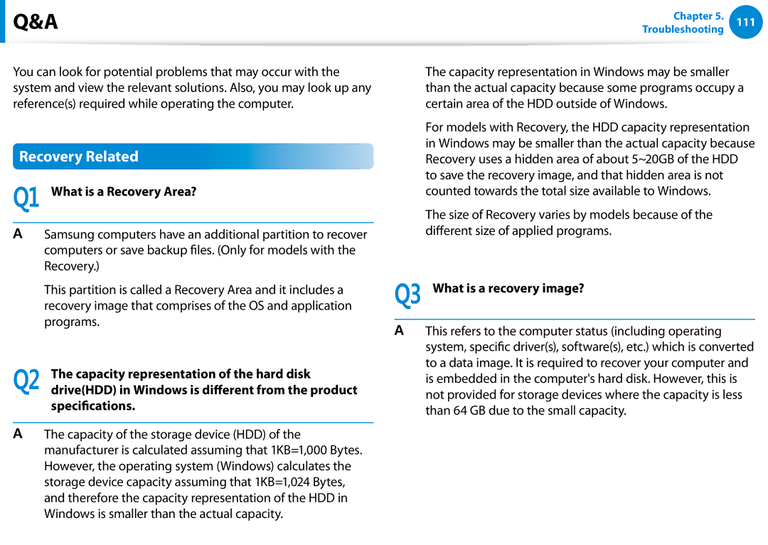 Samsung XE700T1C-A01US manual Recovery Related, Q1 What is a Recovery Area?, Capacity representation of the hard disk 