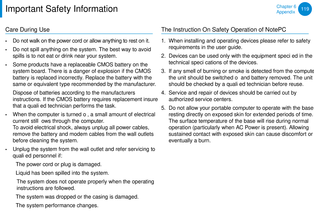 Samsung XE700T1C-A01US manual Care During Use, Instruction On Safety Operation of NotePC 