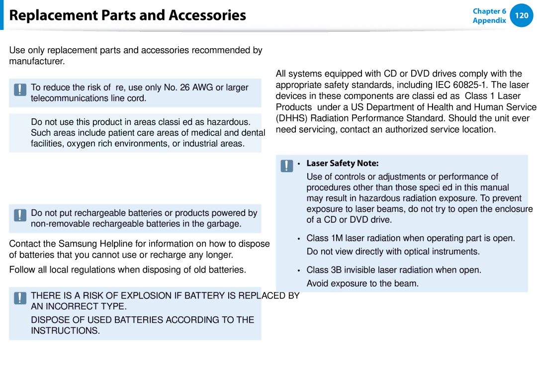 Samsung XE700T1C-A01US manual Replacement Parts and Accessories, Battery Disposal, Laser Safety Note 