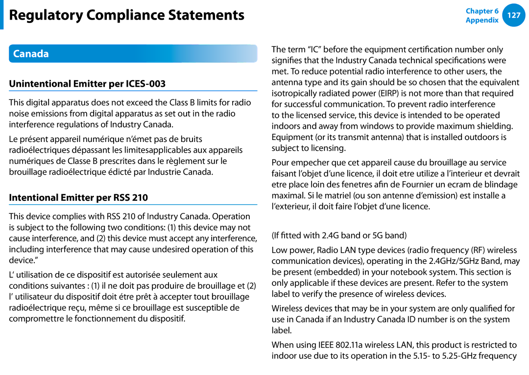 Samsung XE700T1C-A01US manual Canada, Unintentional Emitter per ICES-003, Intentional Emitter per RSS 