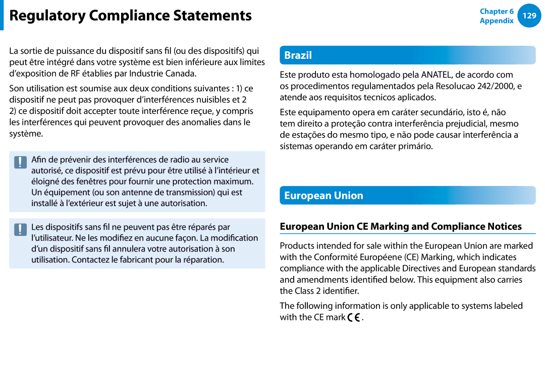 Samsung XE700T1C-A01US manual Brazil, European Union CE Marking and Compliance Notices 