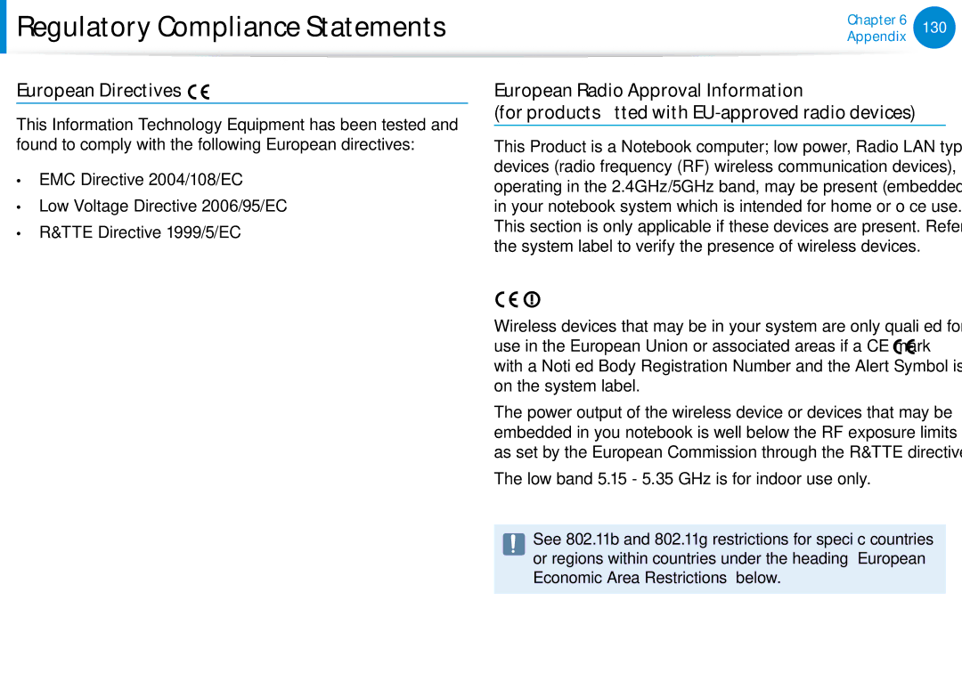 Samsung XE700T1C-A01US manual European Directives, Low band 5.15 5.35 GHz is for indoor use only 