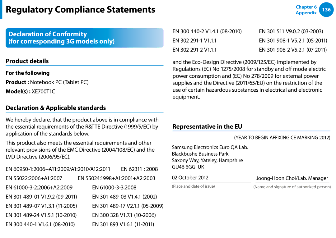 Samsung XE700T1C-A01US manual Declaration of Conformity For corresponding 3G models only, Product details 