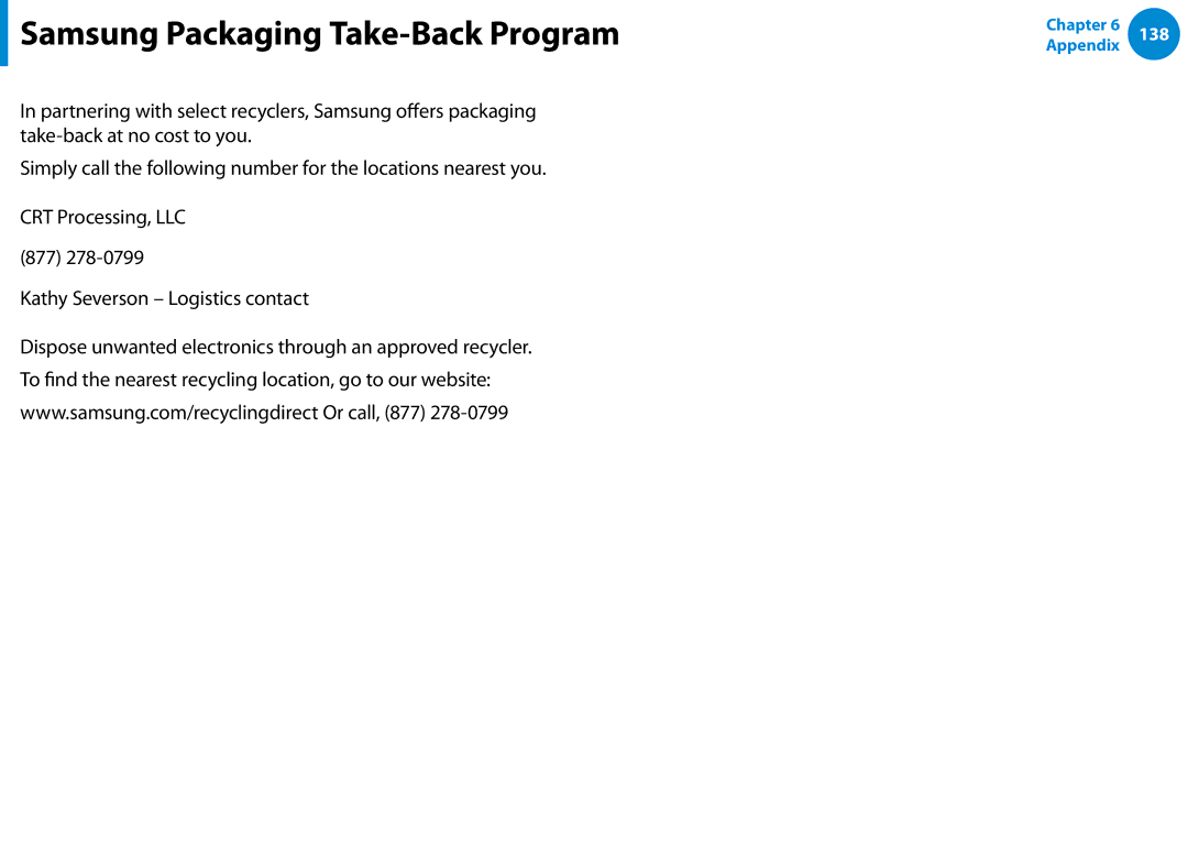 Samsung XE700T1C-A01US manual Samsung Packaging Take-Back Program 