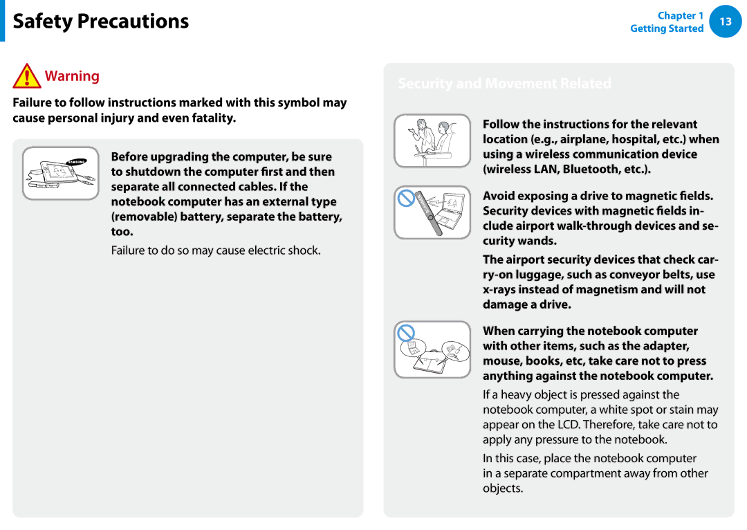 Samsung XE700T1C-A01US manual Security and Movement Related, Failure to do so may cause electric shock 