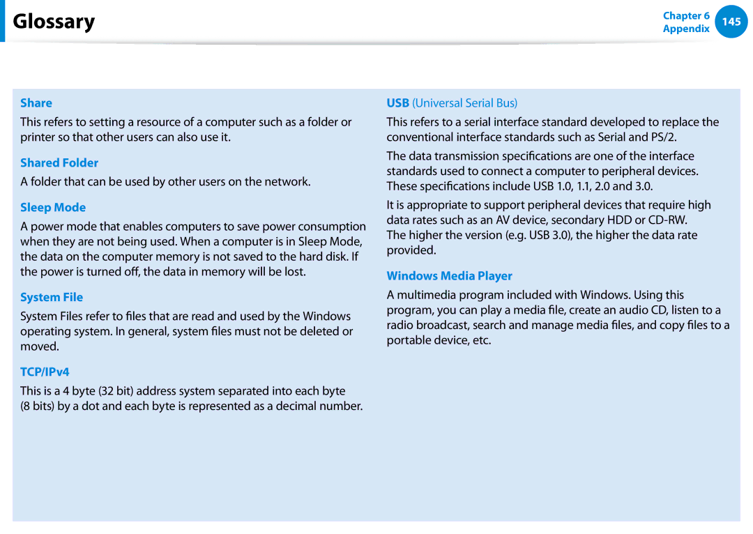 Samsung XE700T1C-A01US manual Shared Folder, Sleep Mode, System File, TCP/IPv4, Windows Media Player 