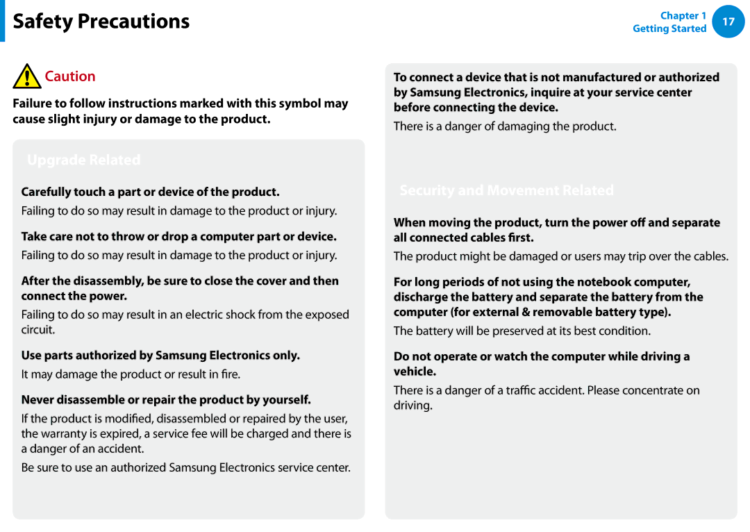 Samsung XE700T1C-A01US Carefully touch a part or device of the product, Use parts authorized by Samsung Electronics only 