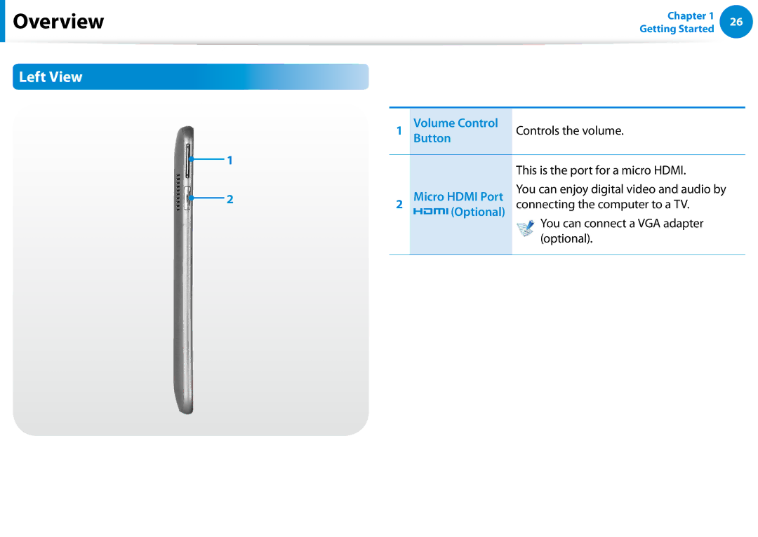 Samsung XE700T1C-A01US manual Left View, Volume Control, Button 