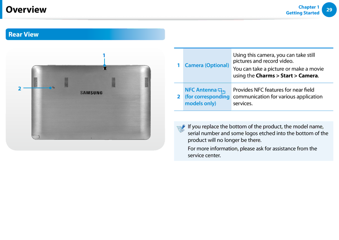 Samsung XE700T1C-A01US Rear View, NFC Antenna, Provides NFC features for near field, Communication for various application 