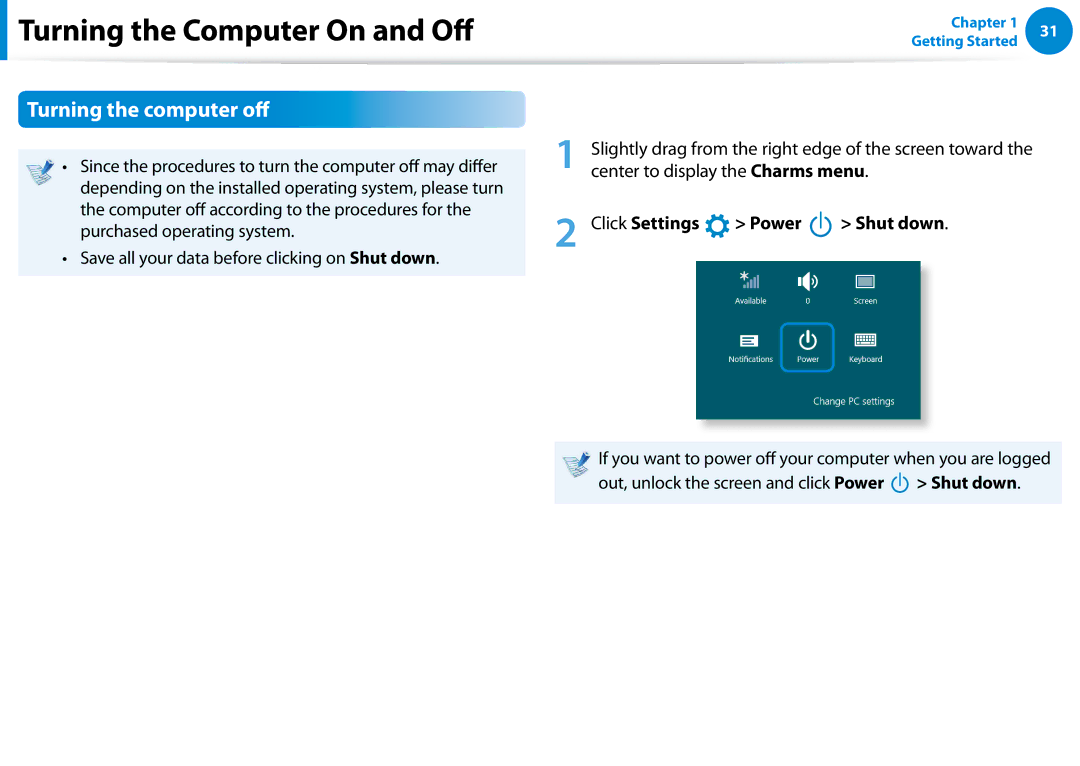 Samsung XE700T1C-A01US manual Turning the computer off, Purchased operating system, Center to display the Charms menu 