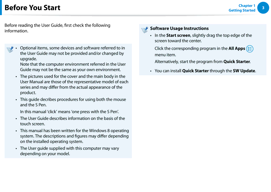 Samsung XE700T1C-A01US manual Before You Start, Software Usage Instructions 