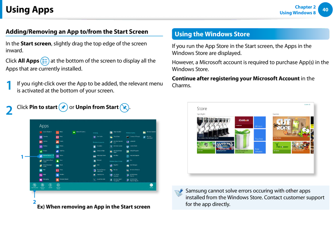 Samsung XE700T1C-A01US manual Using the Windows Store, Adding/Removing an App to/from the Start Screen 