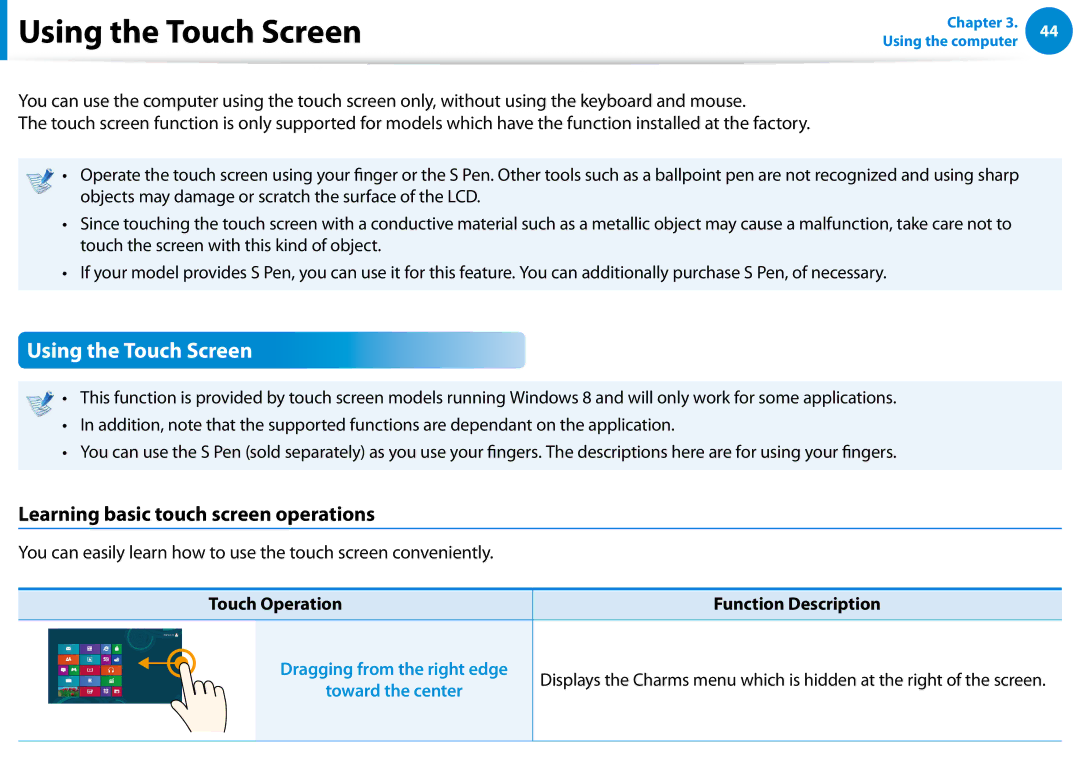 Samsung XE700T1C-A01US manual Using the Touch Screen, Learning basic touch screen operations 